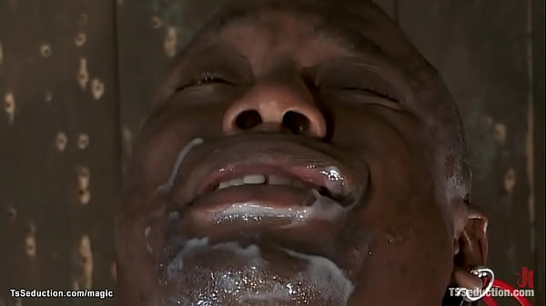Big tits ebony shemale Natassia Dreams overpowers muscle black guy Jack Hammer and binds him and sucks his bbc then in metal device she anal fucks him